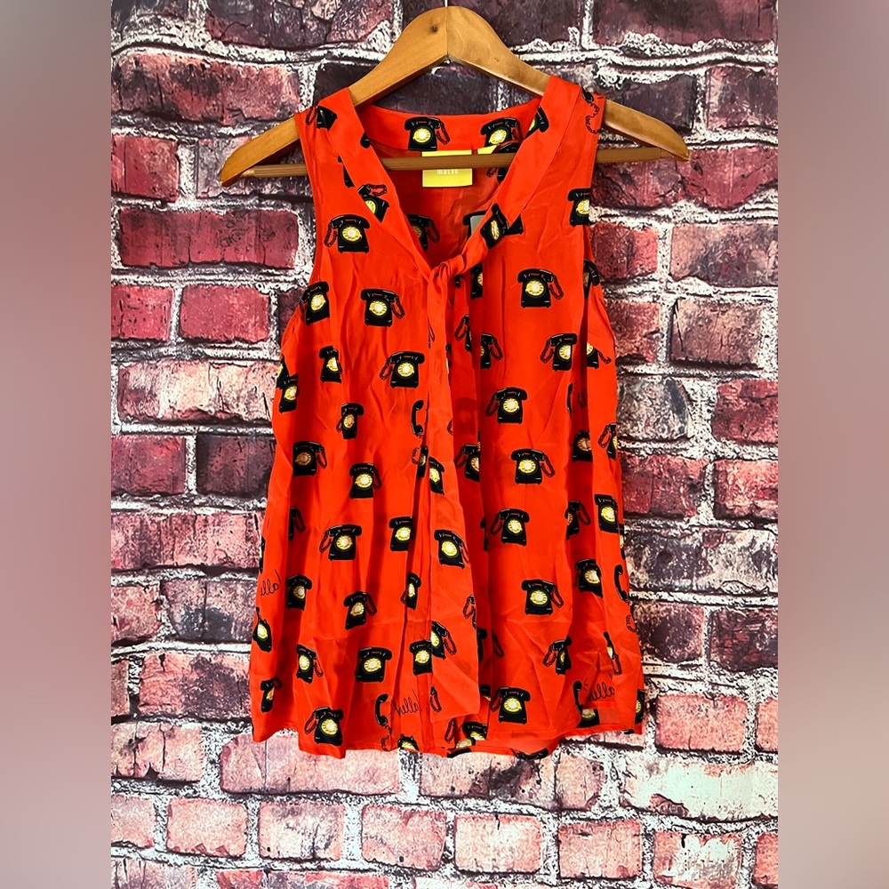 Anthropologie Maeve Ring True Silk Shell Red Telephone Print Blouse NWT